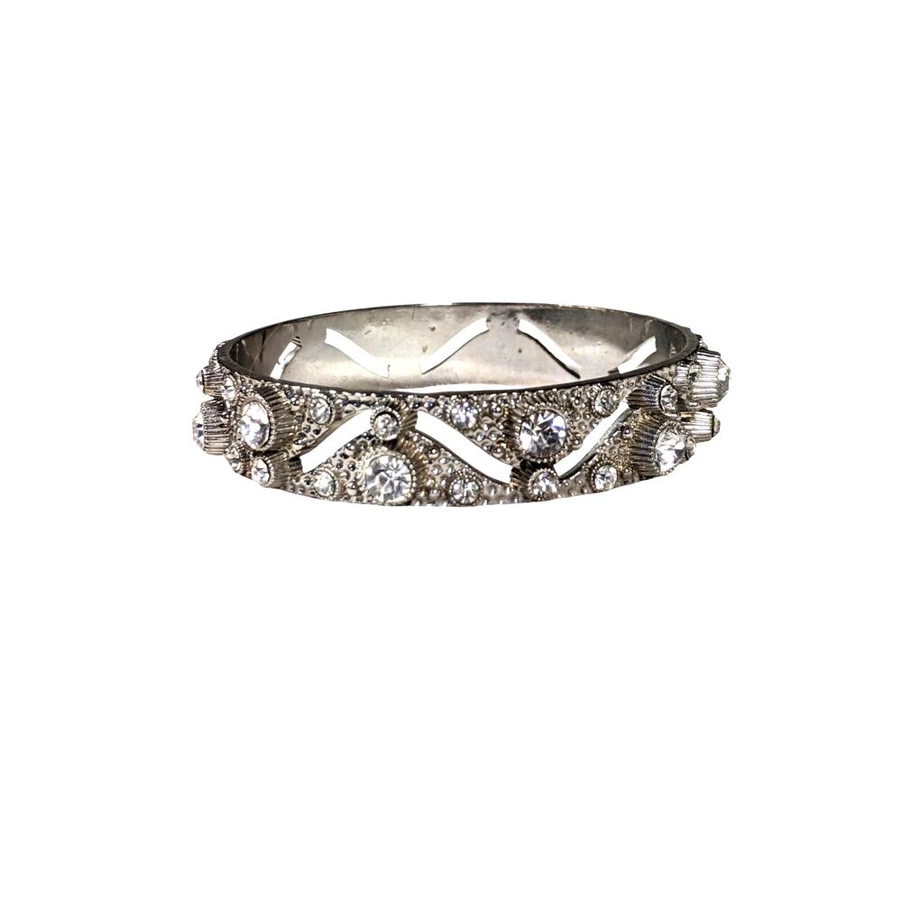 Silver Rhinestone Bangle Bracelet Whimsigoth Coquette Wide Heavy Chunky Y2K